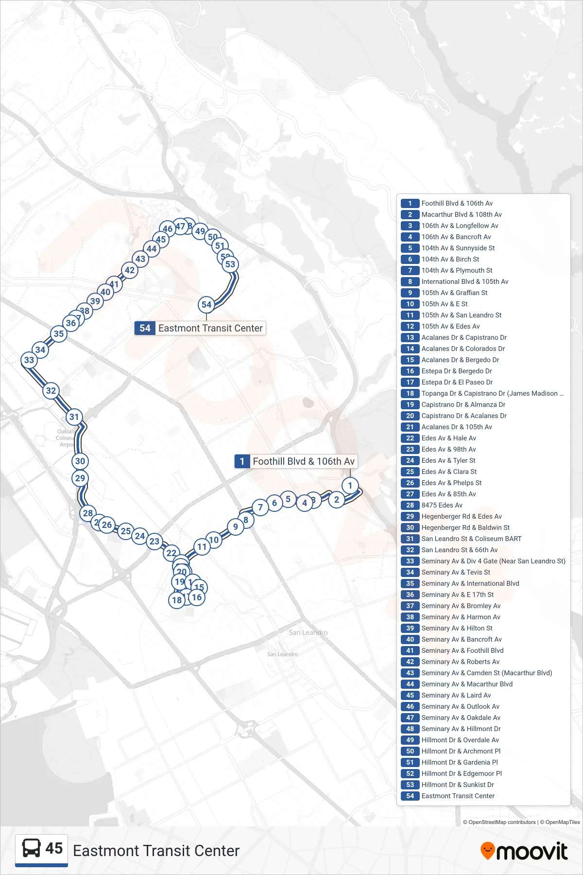 45 bus Line (Eastmont Transit Center) route and stops on a map