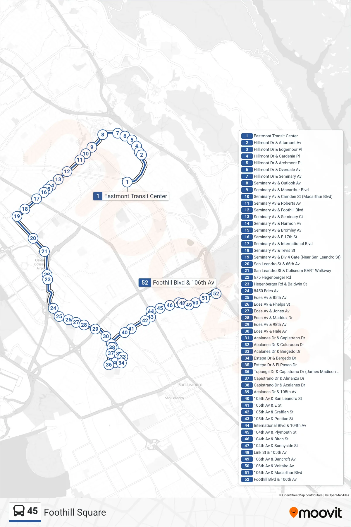 45 bus Line (Foothill Square) route and stops on a map