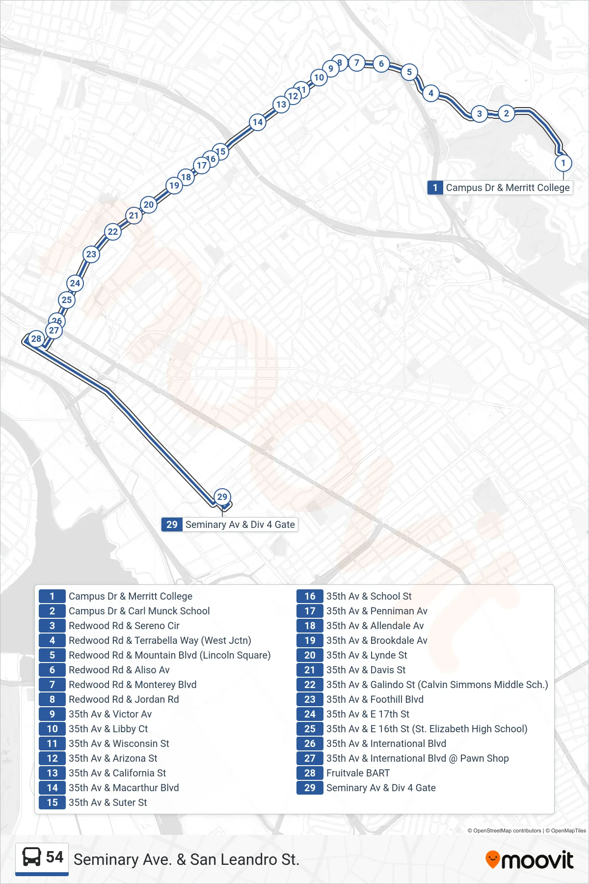 54 bus Line (Seminary Ave. & San Leandro St.) route and stops on a map
