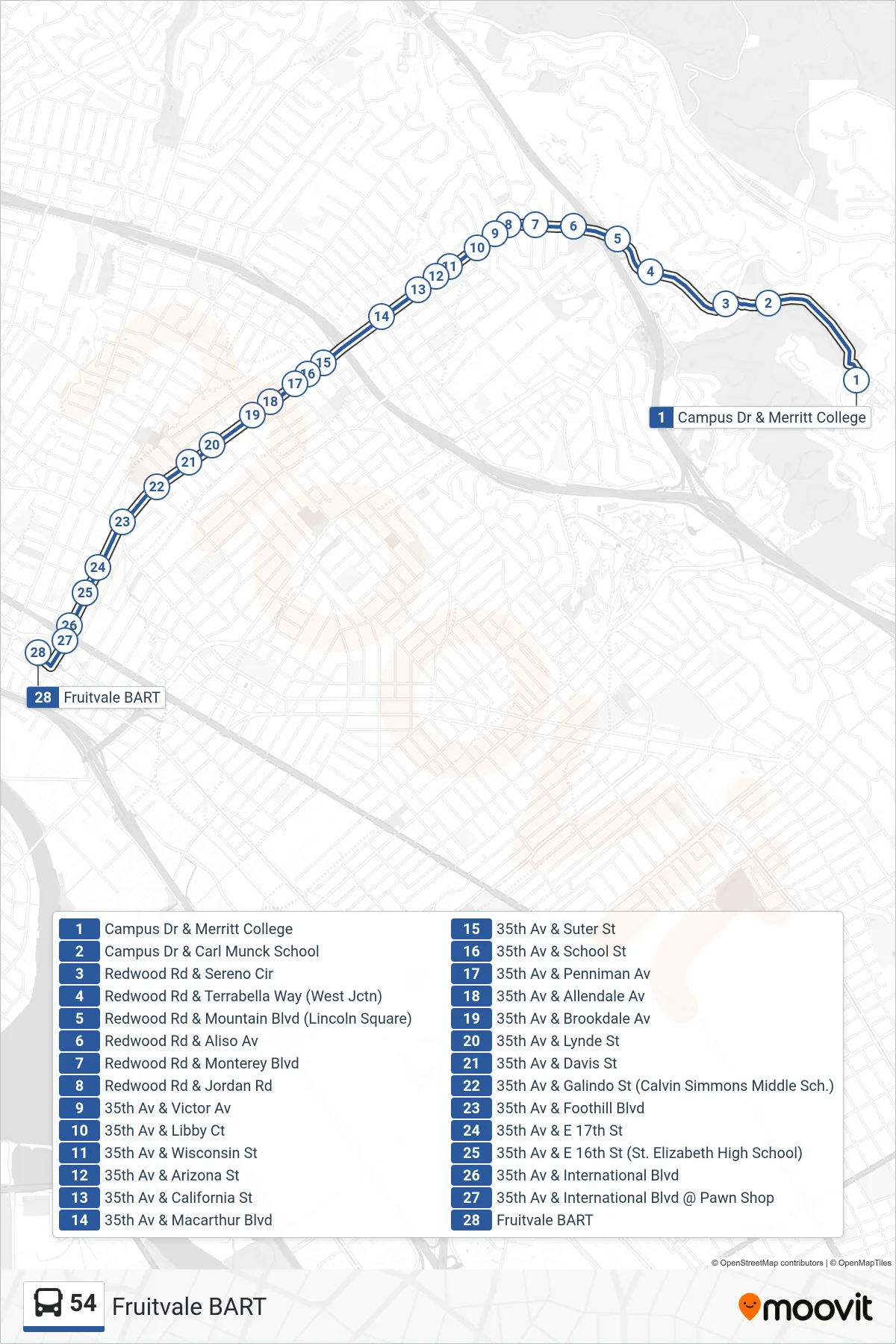 54 bus Line (Fruitvale BART) route and stops on a map