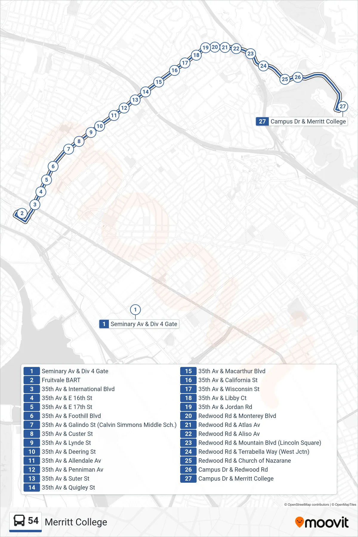 54 bus Line (Merritt College) route and stops on a map