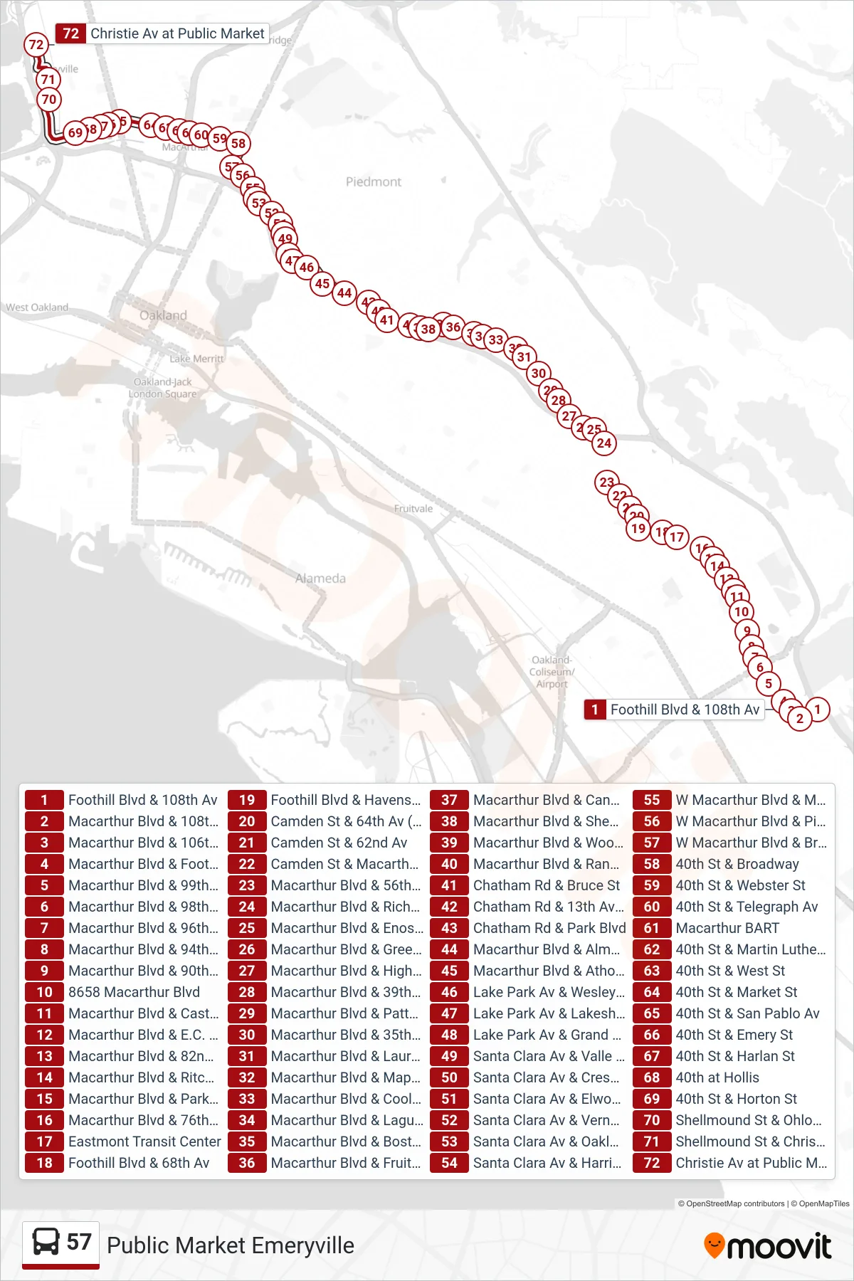 57 bus Line (Public Market Emeryville) route and stops on a map