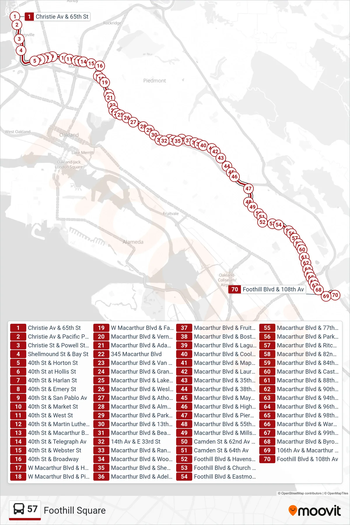 57 bus Line (Foothill Square) route and stops on a map