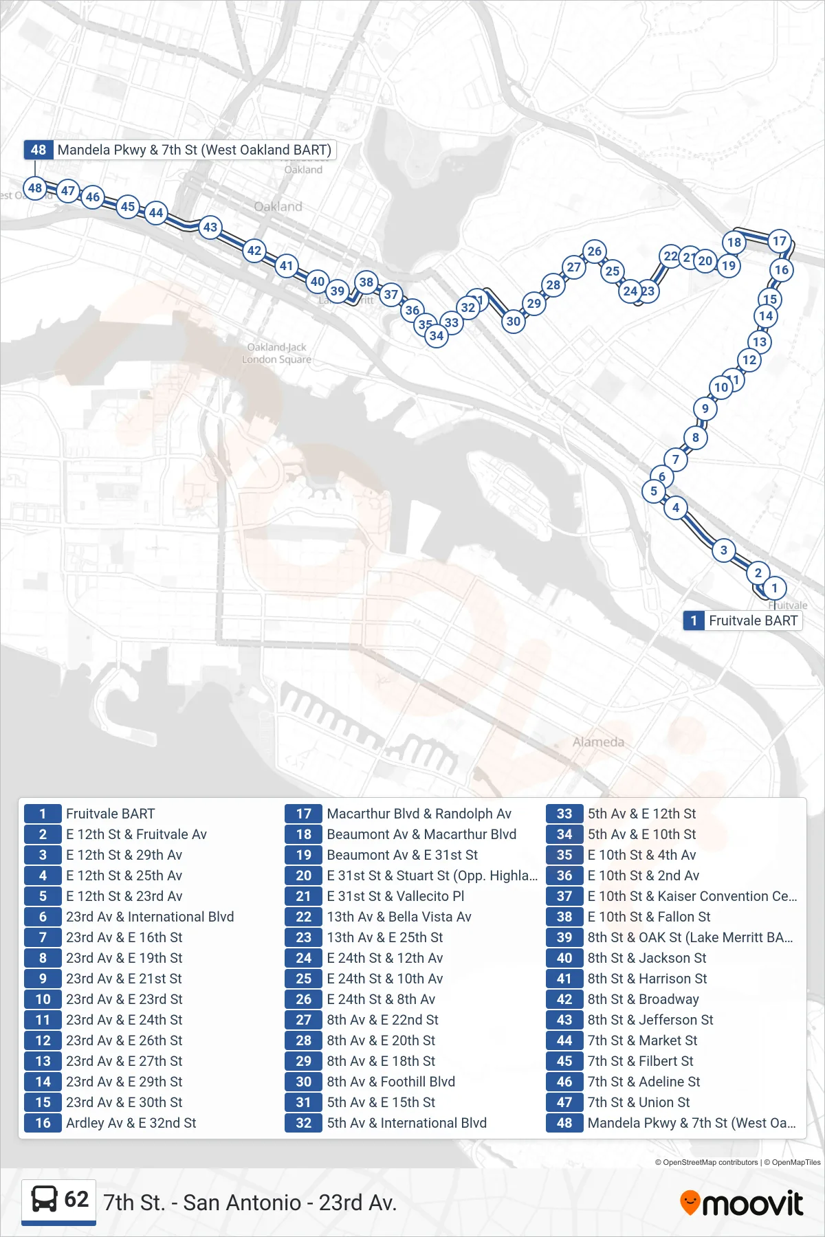62 bus Line (West Oakland BART) route and stops on a map