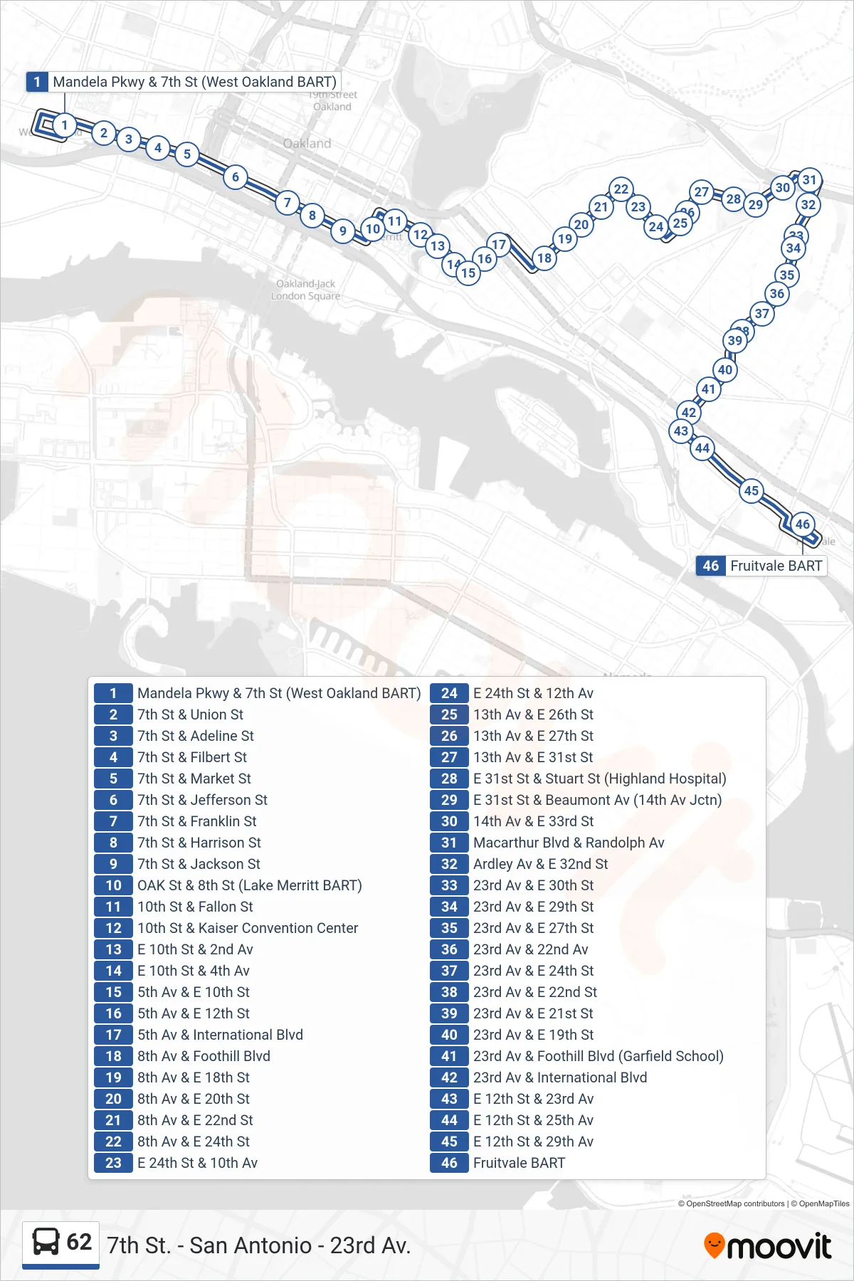 62 bus Line (Fruitvale BART) route and stops on a map
