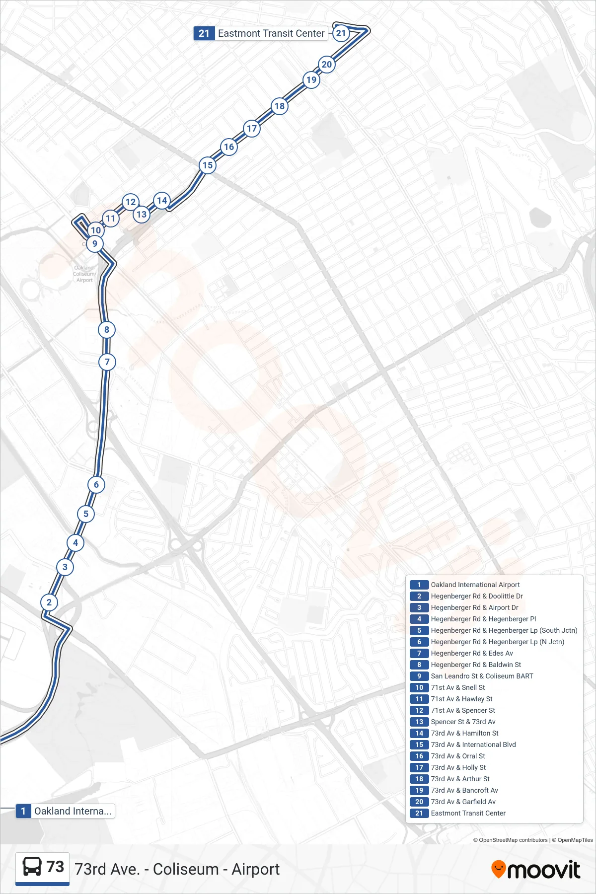 73 bus Line (Eastmont Transit Center) route and stops on a map