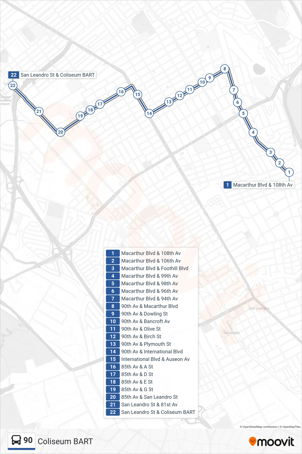90 bus Line (Coliseum BART) route and stops on a map