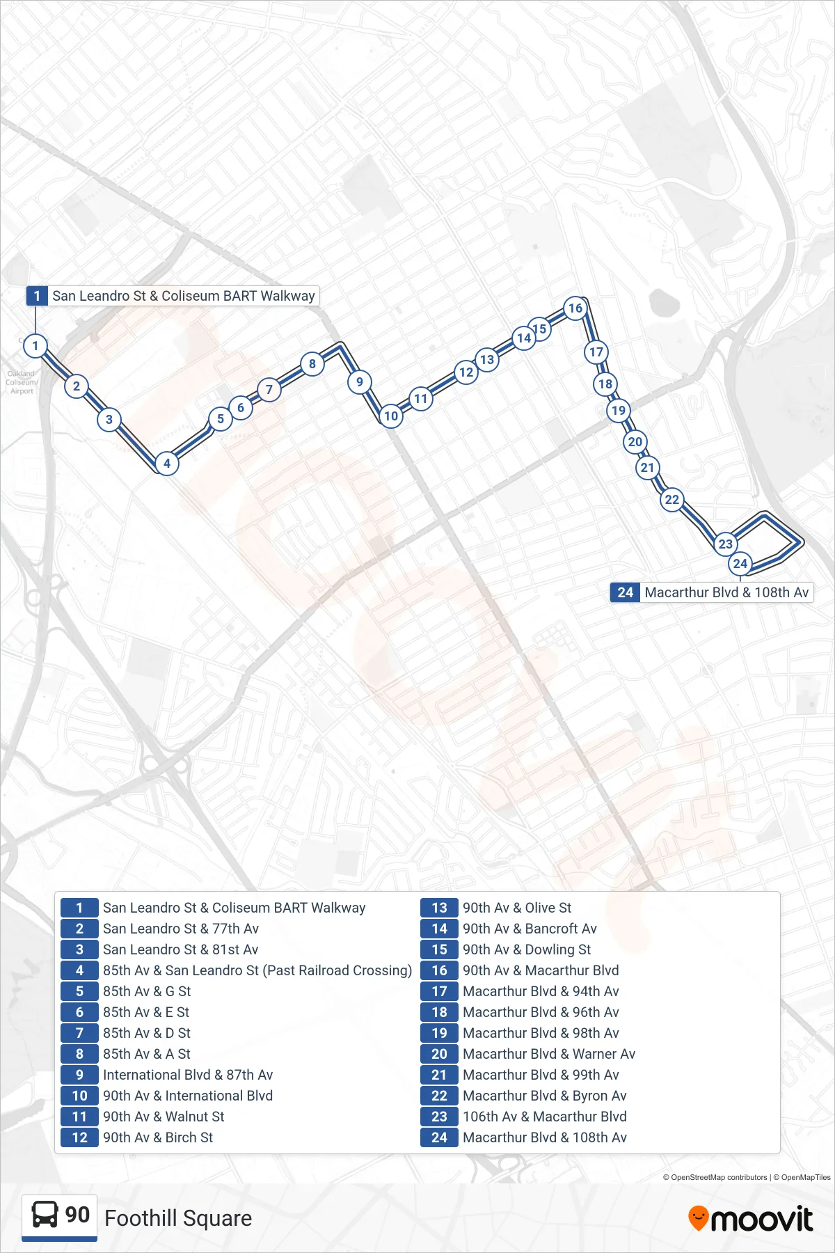 90 bus Line (Foothill Square) route and stops on a map