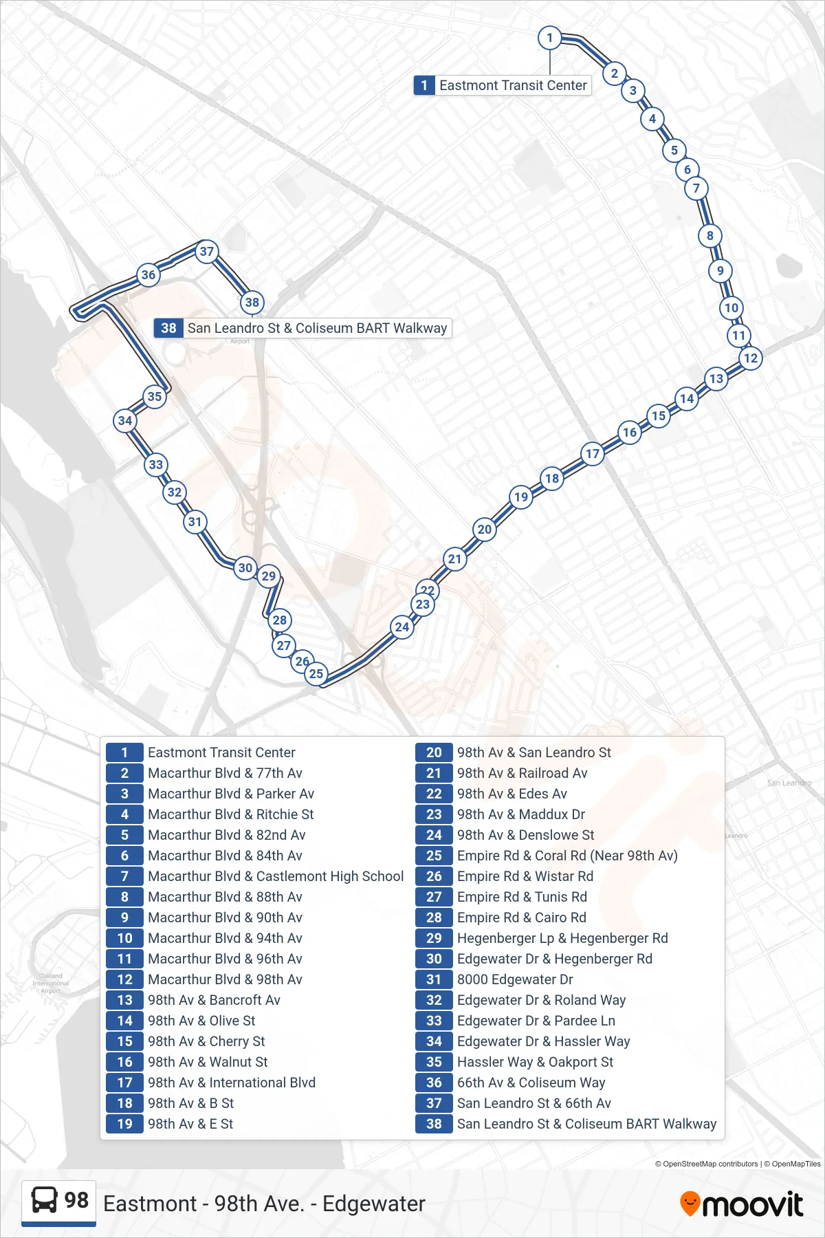 98 bus Line (Coliseum BART) route and stops on a map