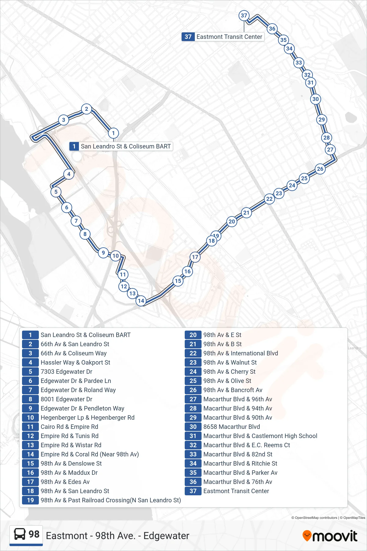 98 bus Line (Eastmont Transit Center) route and stops on a map