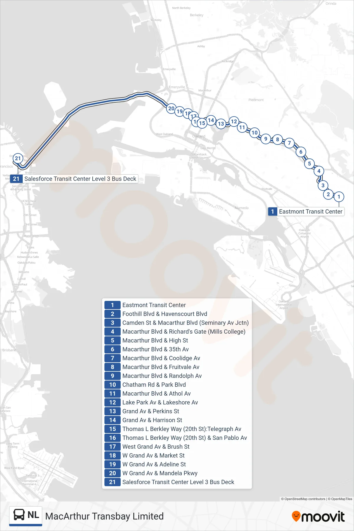 NL bus Line (San Francisco) route and stops on a map