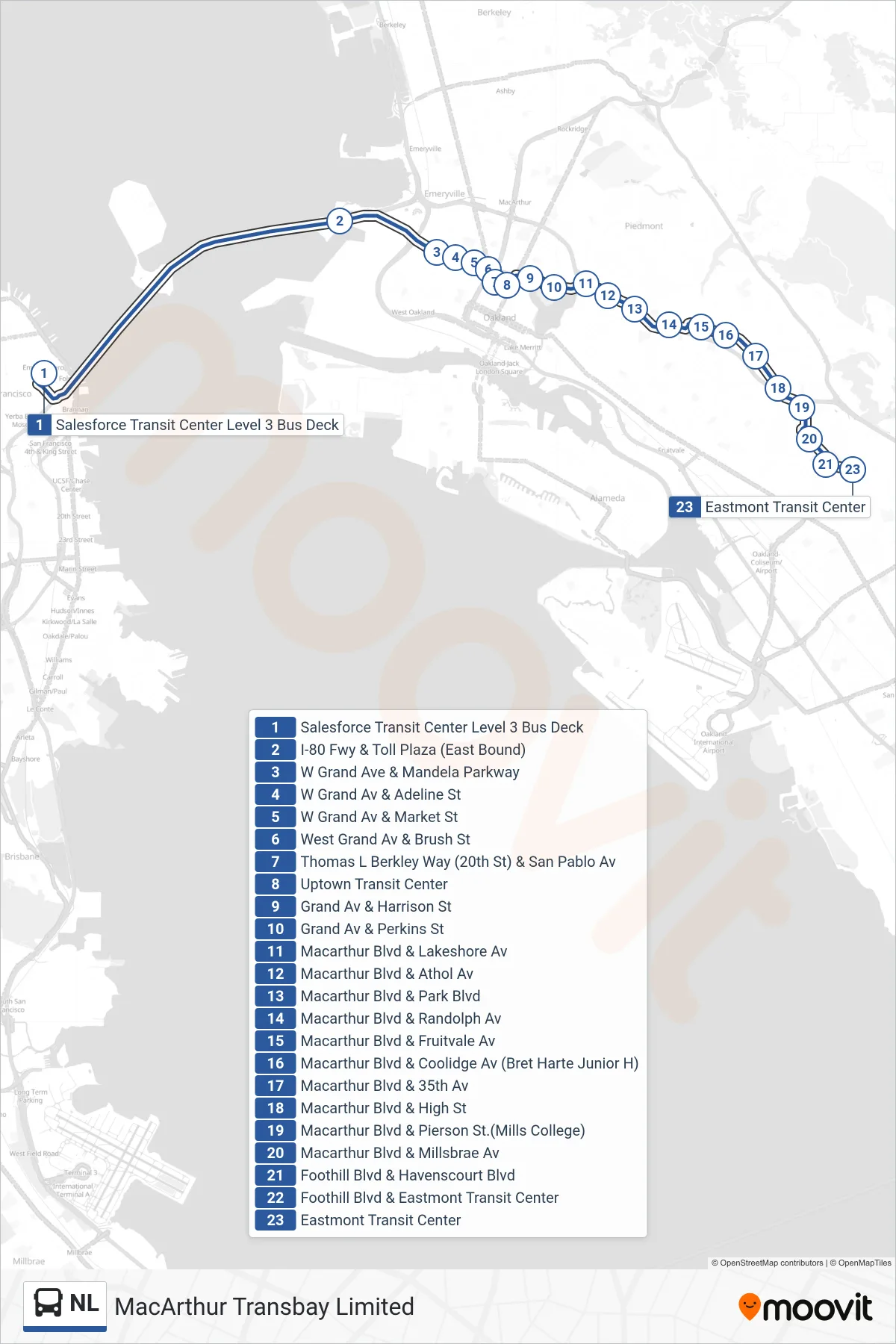NL bus Line (Eastmont Transit Center) route and stops on a map