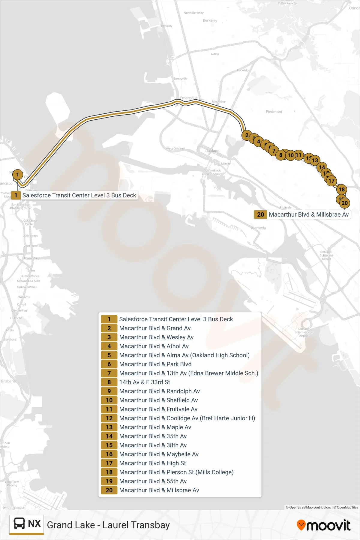 NX bus Line (Macarthur Blvd. & Millsbrae Ave.) route and stops on a map