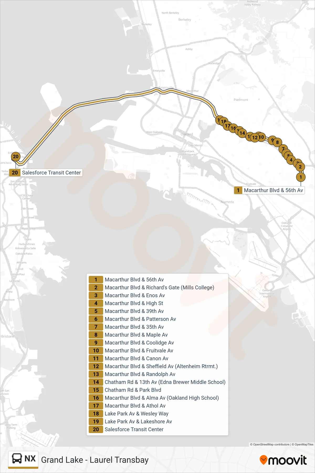 NX bus Line (San Francisco) route and stops on a map