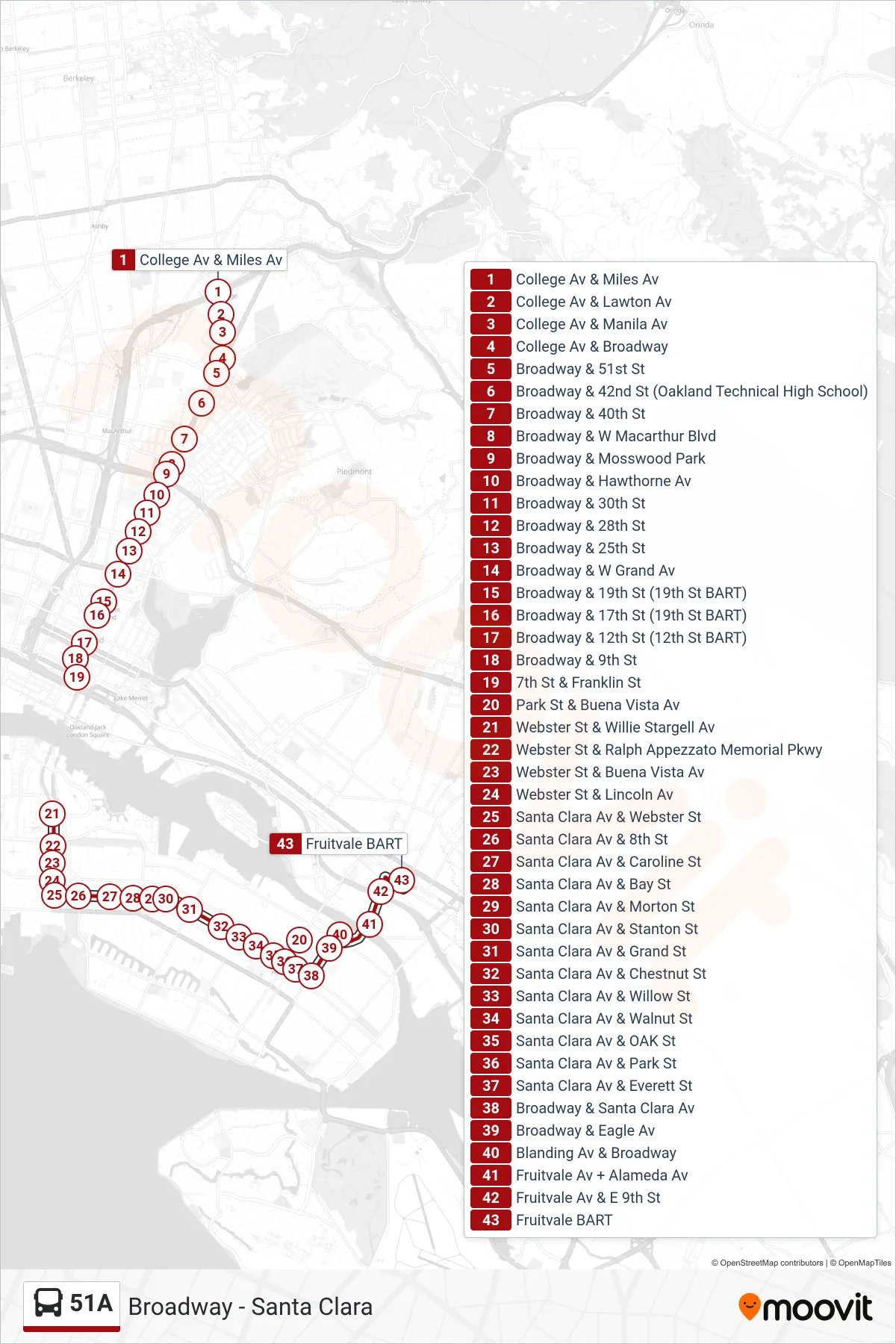 51A bus Line (Fruitvale BART) route and stops on a map