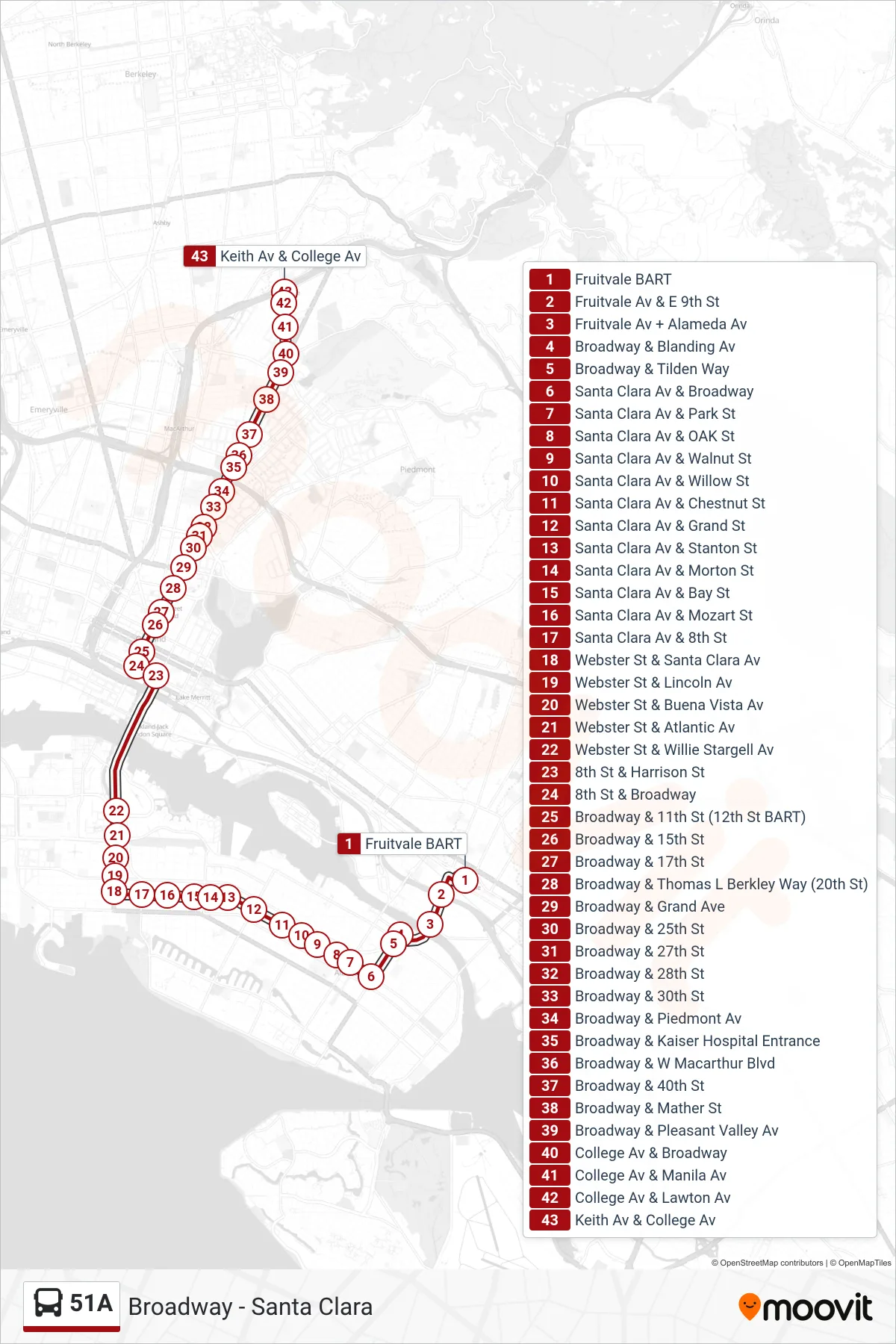 51A bus Line (Rockridge BART) route and stops on a map