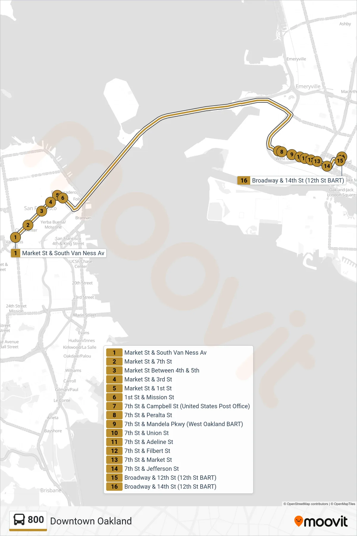 800 bus Line (Downtown Oakland) route and stops on a map