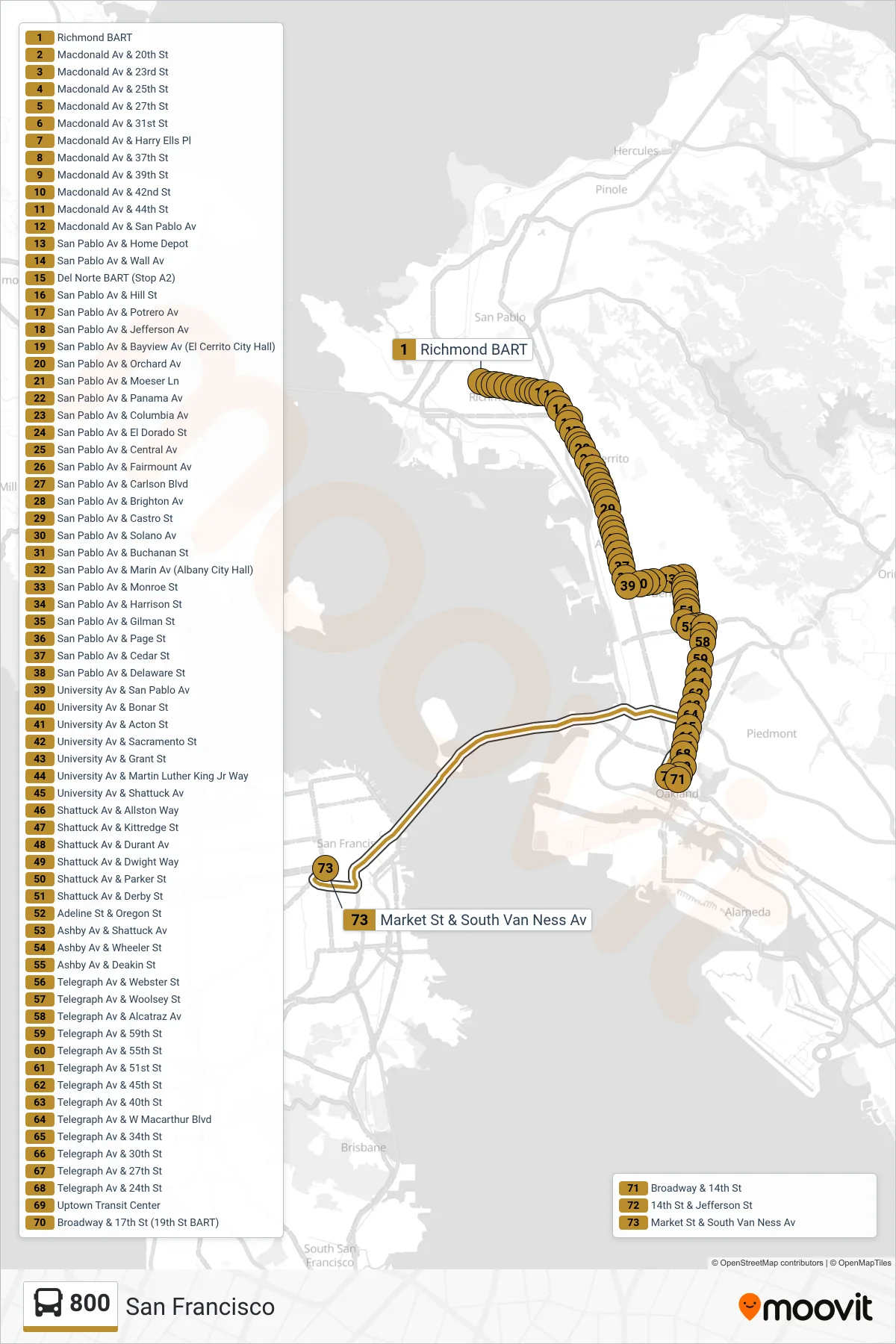 800 bus Line (San Francisco) route and stops on a map