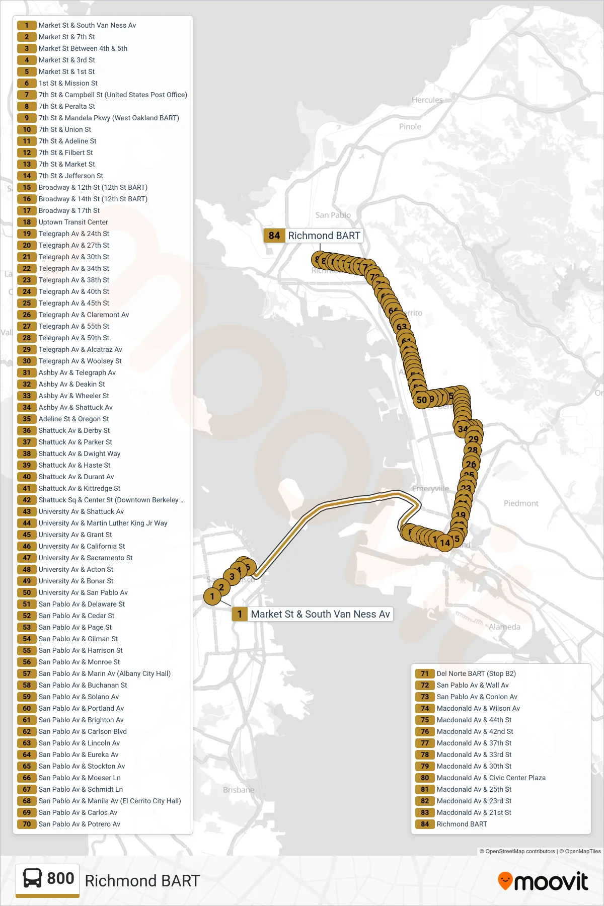 800 bus Line (Richmond BART) route and stops on a map