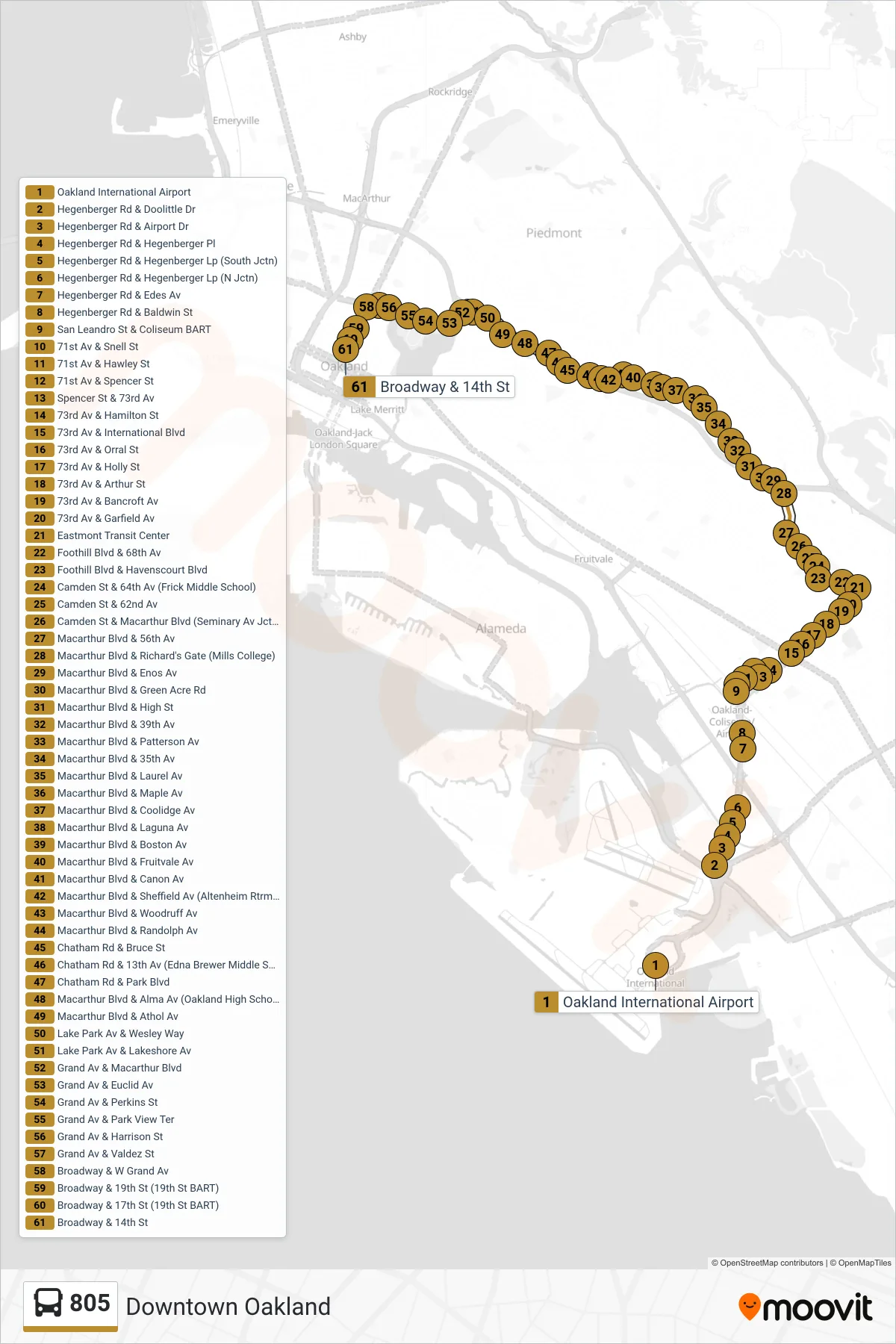 805 bus Line (Downtown Oakland) route and stops on a map