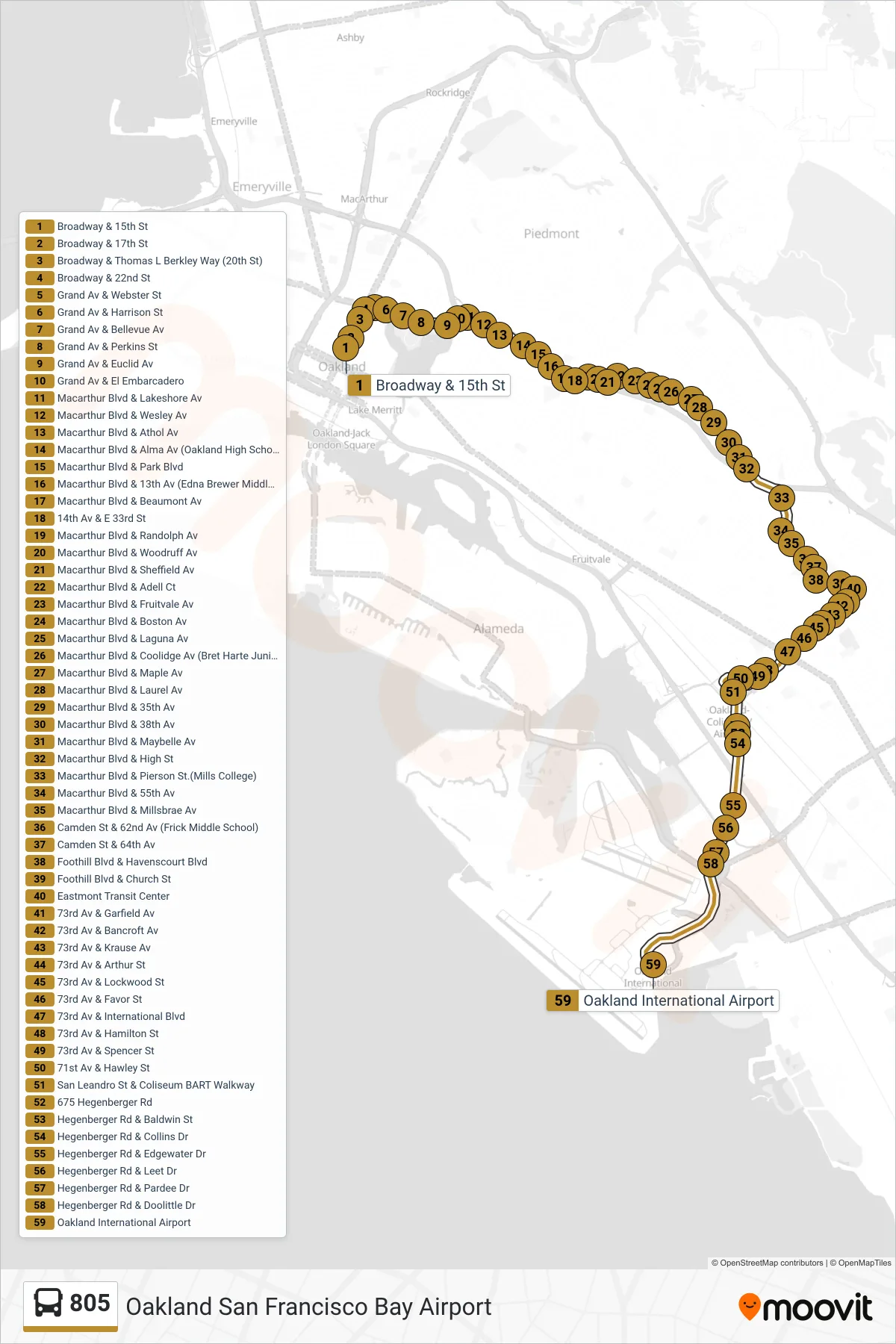 805 bus Line (Oakland San Francisco Bay Airport) route and stops on a map