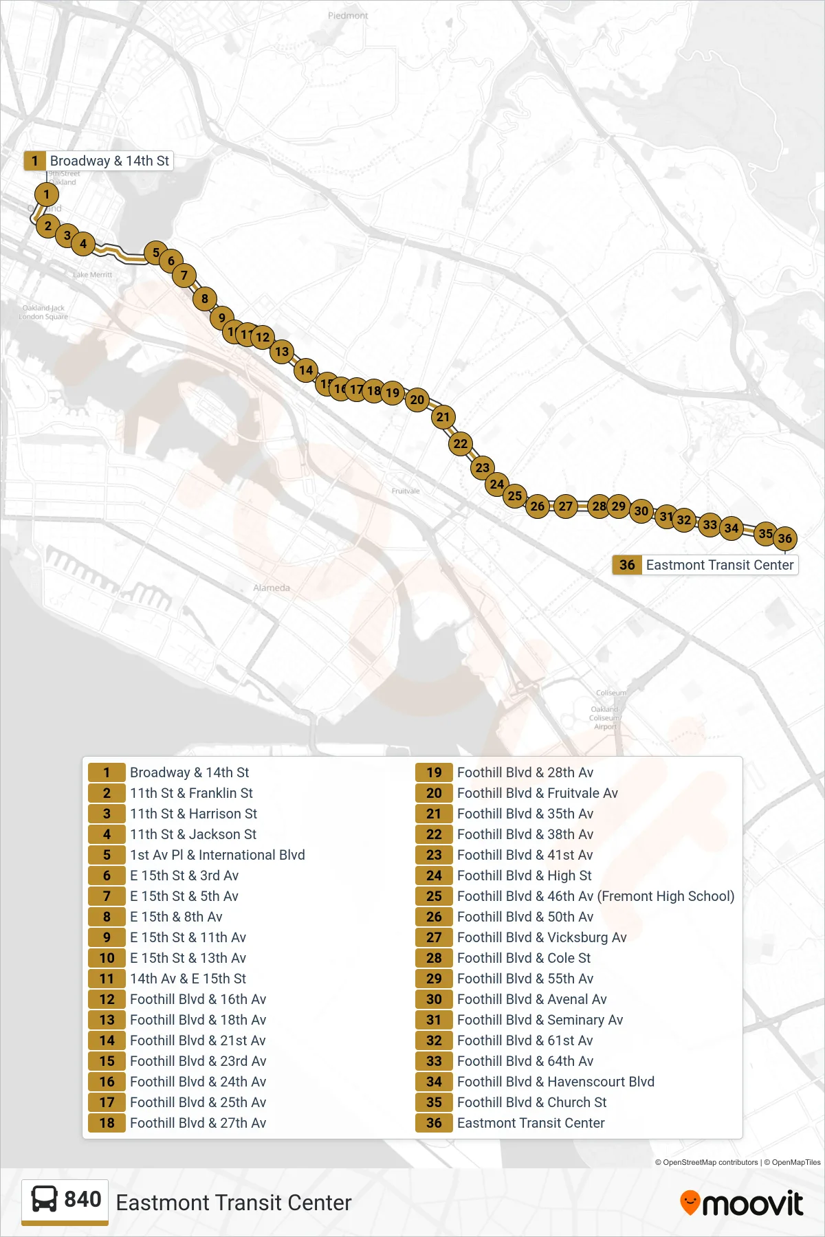 840 bus Line (Eastmont Transit Center) route and stops on a map