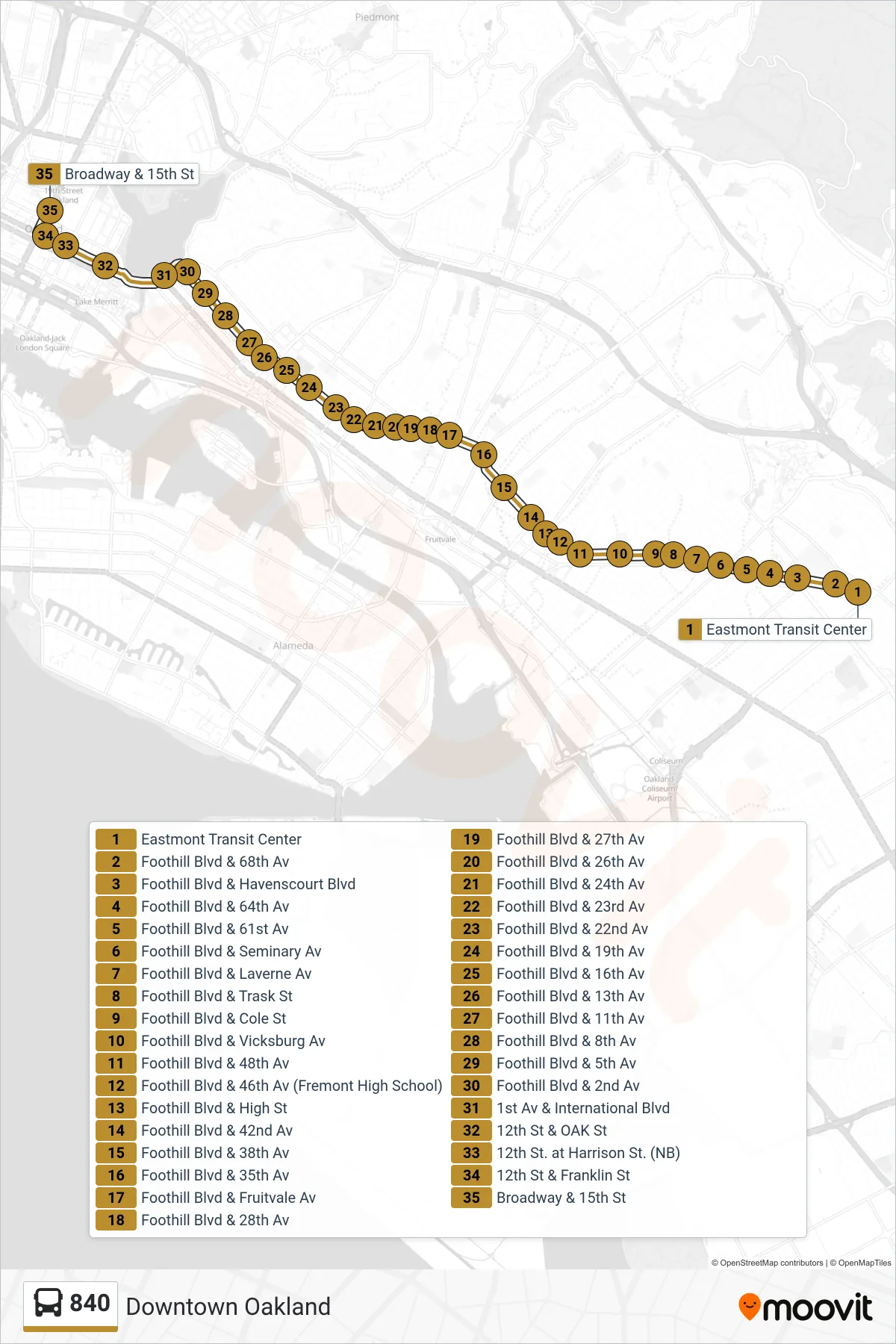 840 bus Line (Downtown Oakland) route and stops on a map