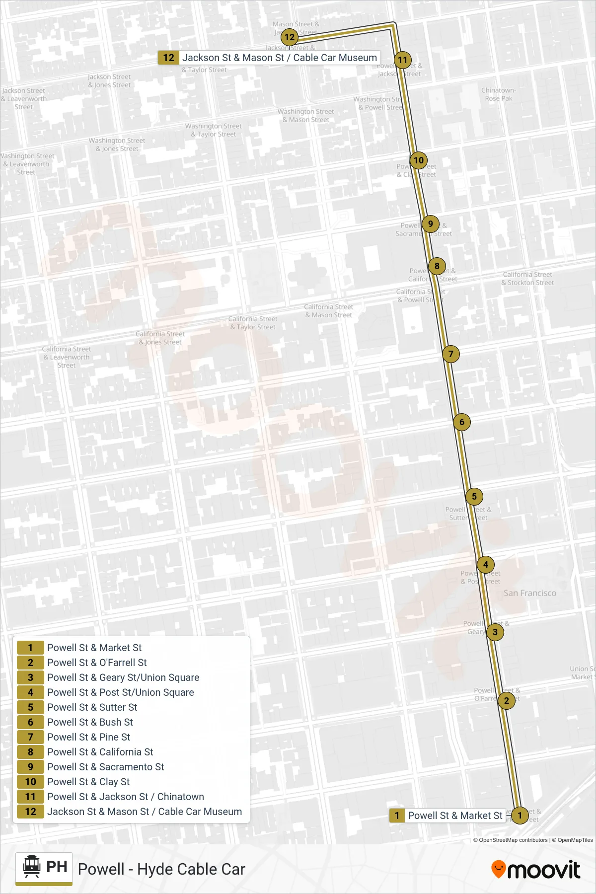PH cable car Line (Washington & Mason) route and stops on a map