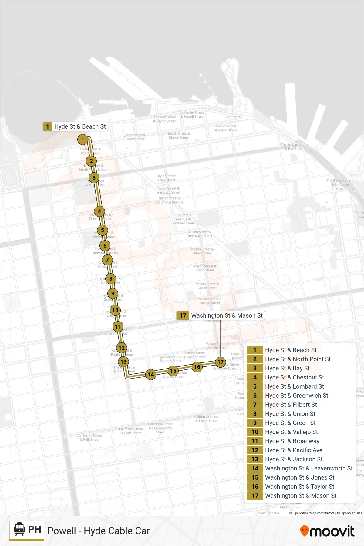 PH cable car Line (Washington & Mason) route and stops on a map