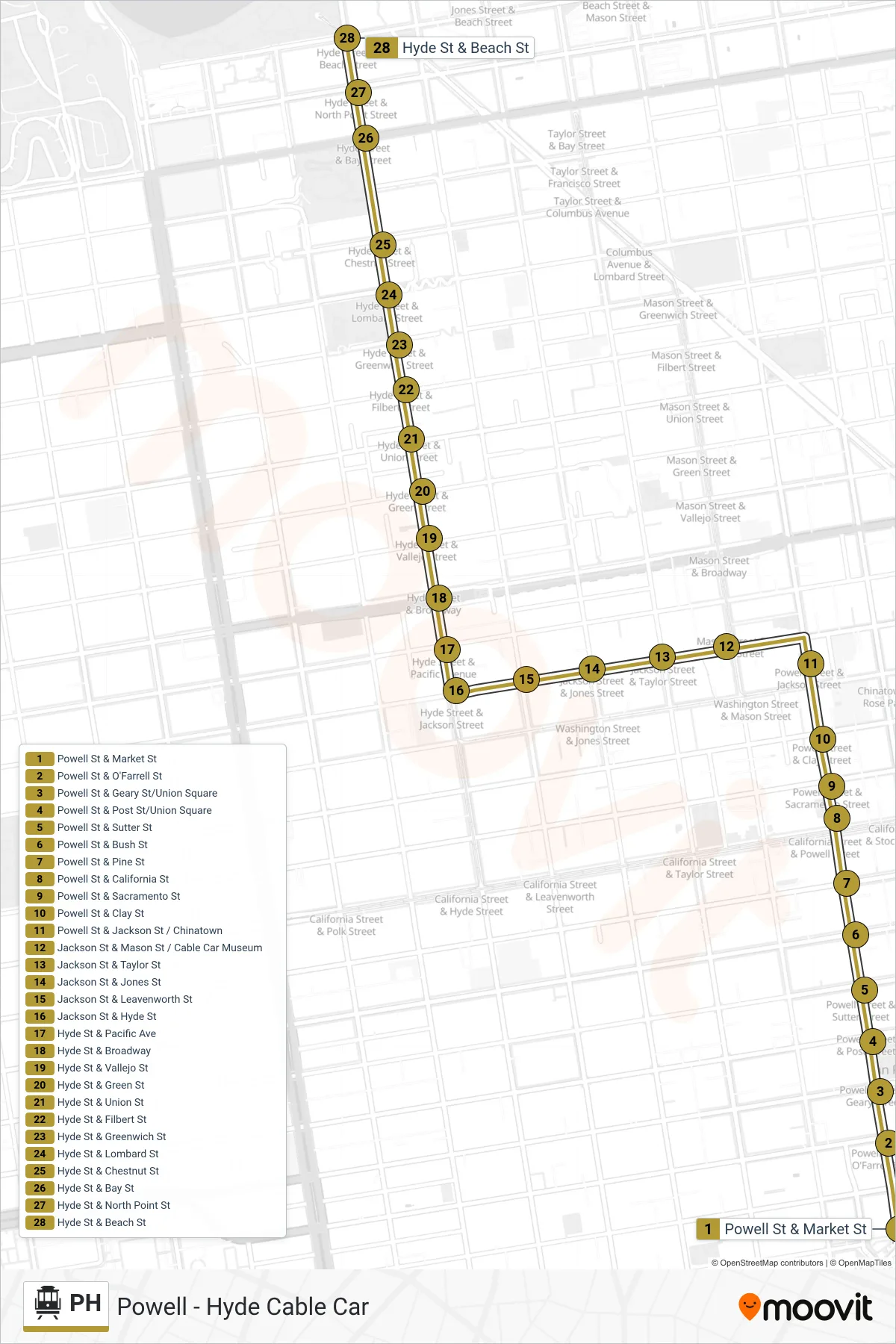 PH cable car Line (Beach & Hyde) route and stops on a map
