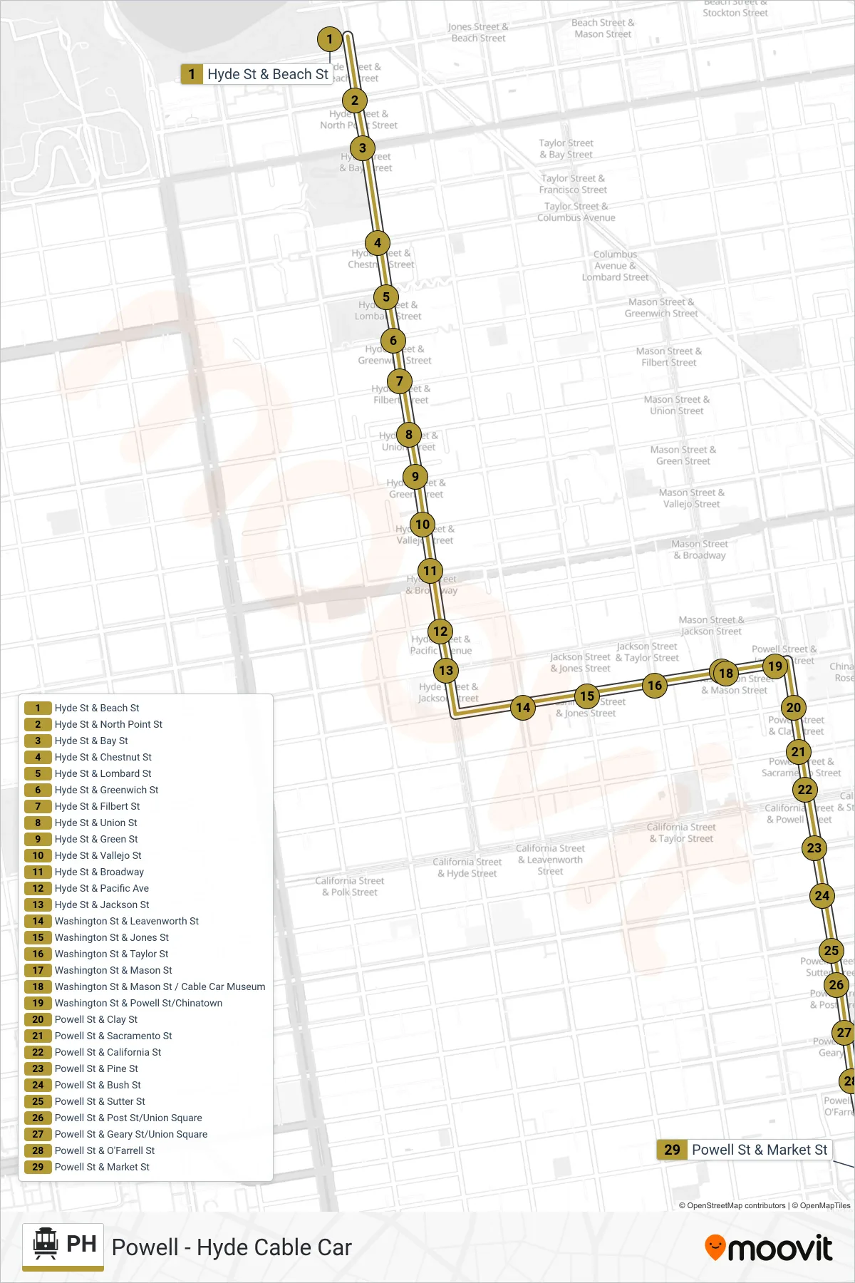 PH cable car Line (Market & Powell) route and stops on a map