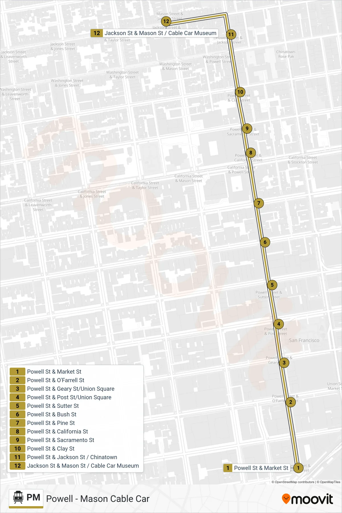 PM cable car Line (Washington + Mason) route and stops on a map