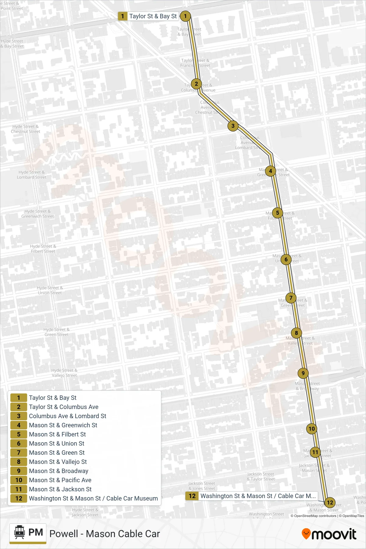 PM cable car Line (Washington & Mason) route and stops on a map