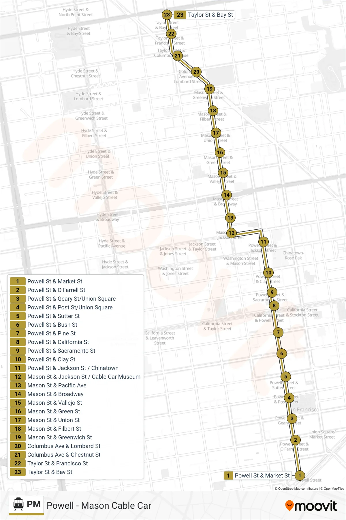 PM cable car Line (Bay & Taylor) route and stops on a map