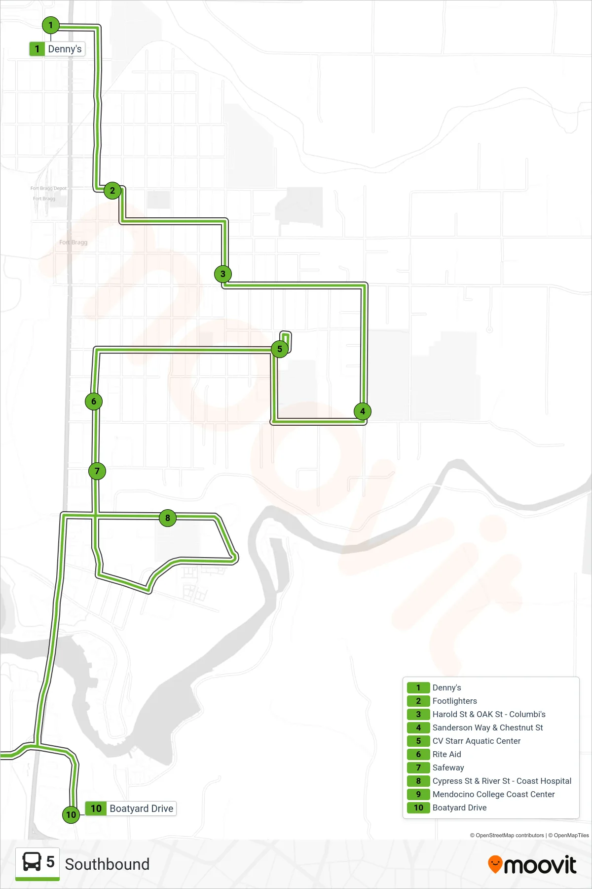 5 bus Line (Southbound) route and stops on a map