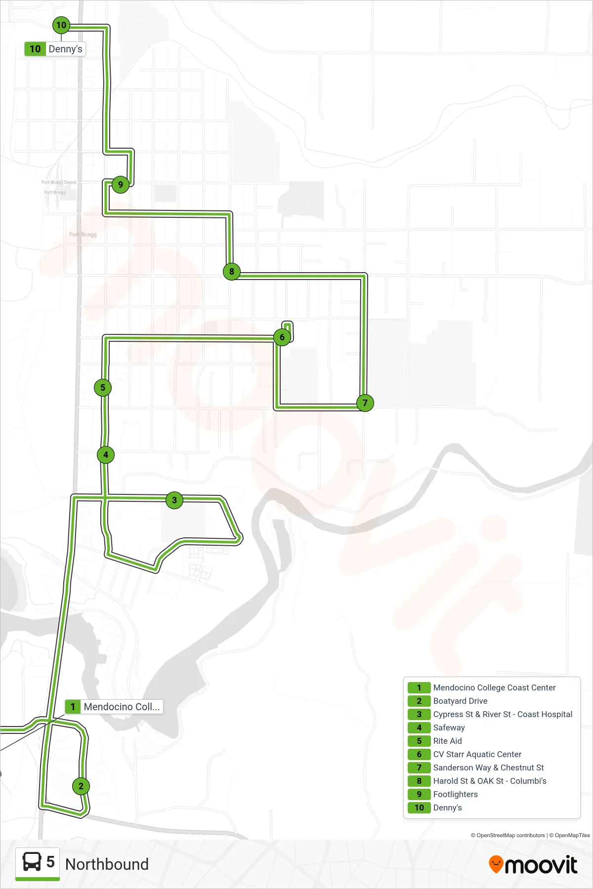 5 bus Line (Northbound) route and stops on a map