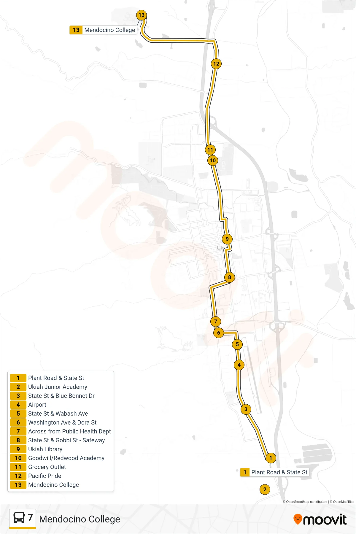 7 bus Line (Mendocino College) route and stops on a map