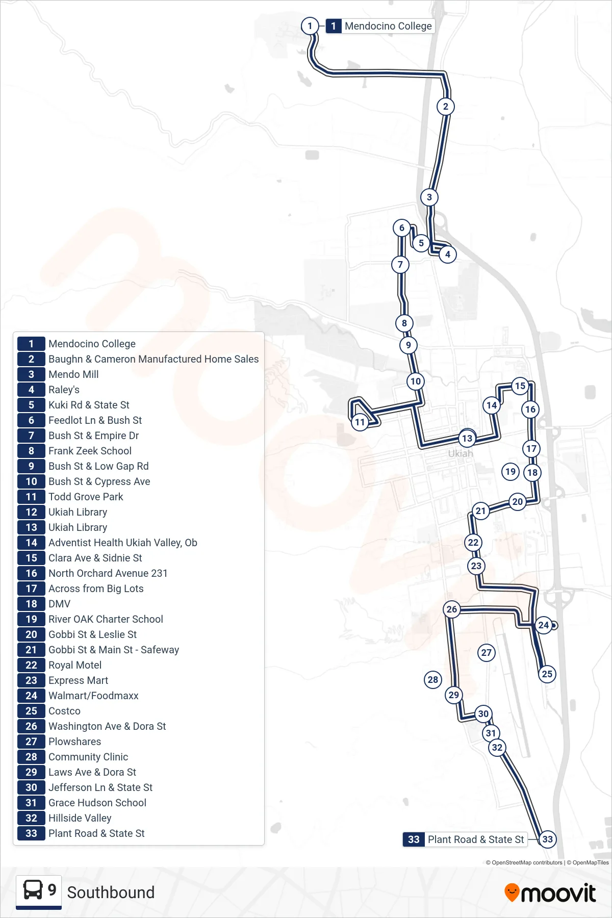 9 bus Line (Southbound) route and stops on a map