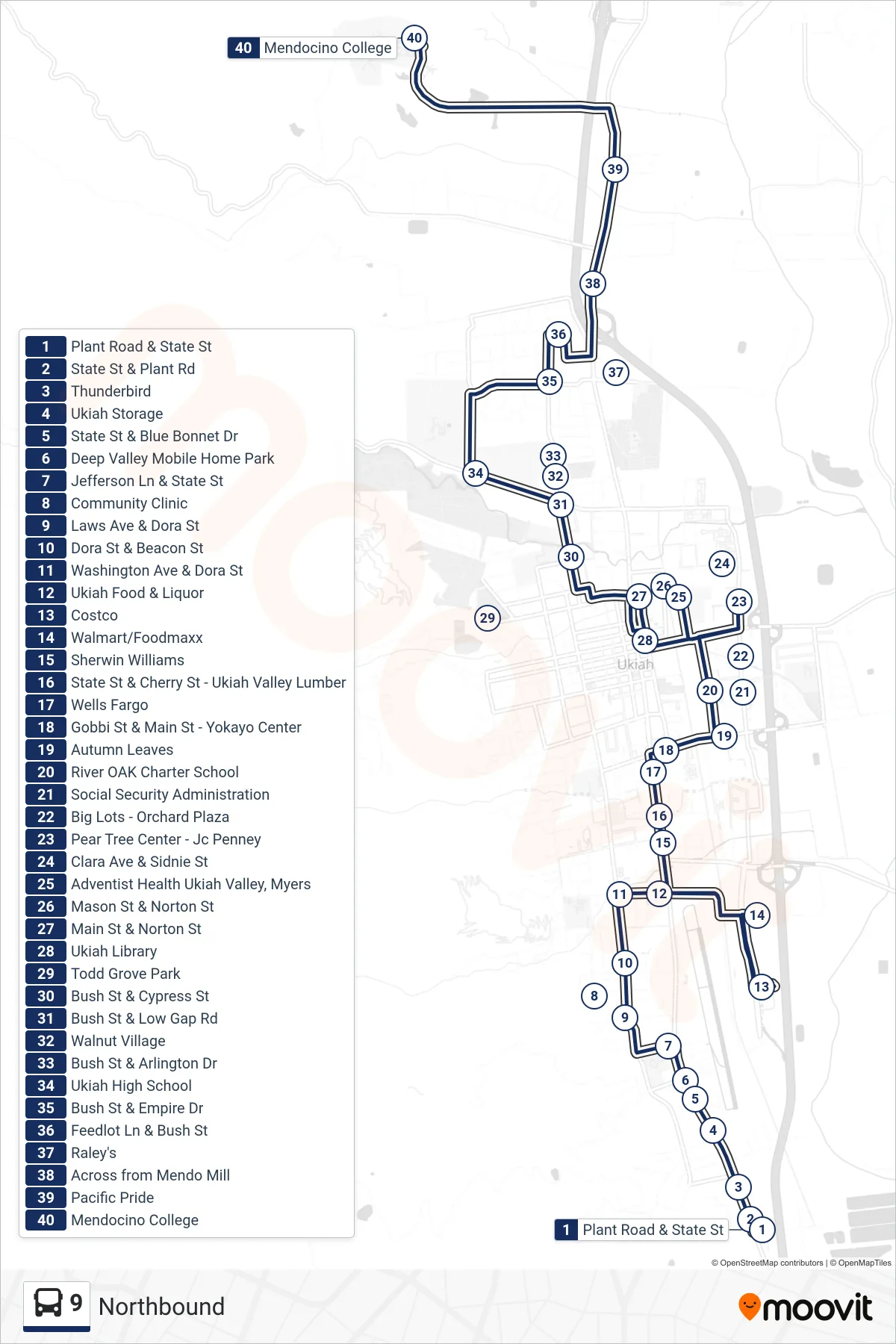 9 bus Line (Northbound) route and stops on a map