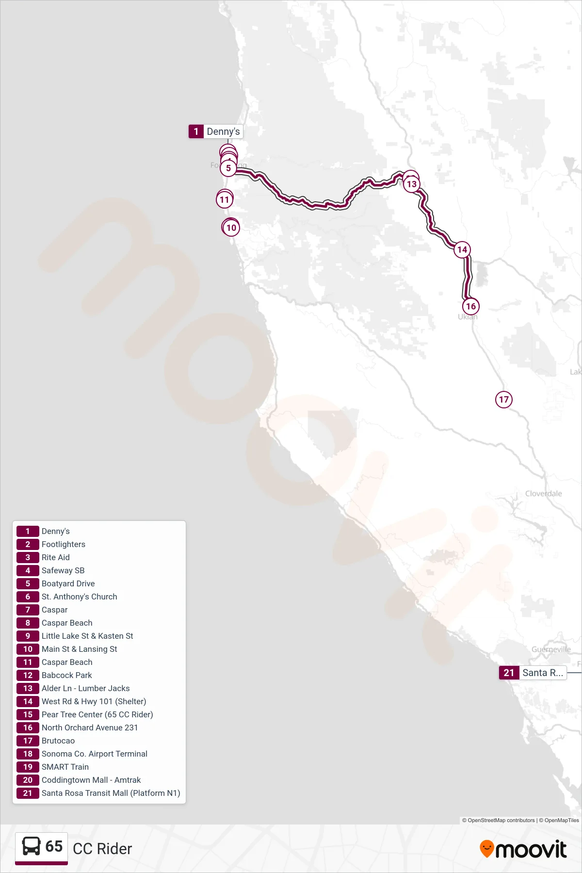 65 bus Line (Southbound) route and stops on a map