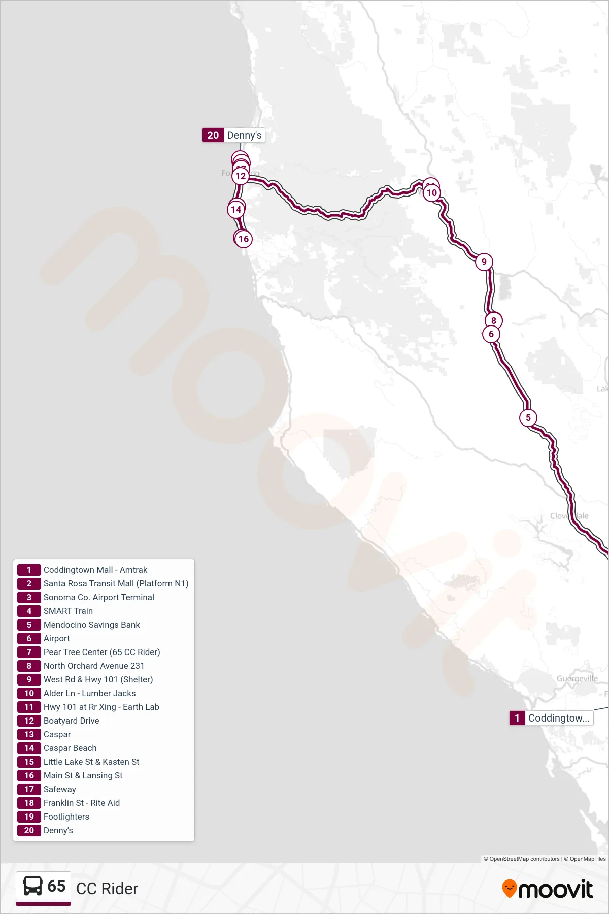 65 bus Line (Northbound) route and stops on a map