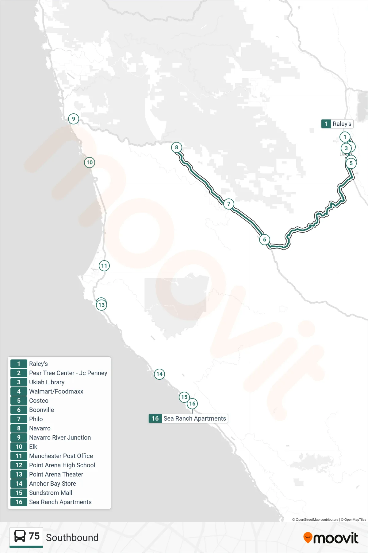 75 bus Line (Southbound) route and stops on a map