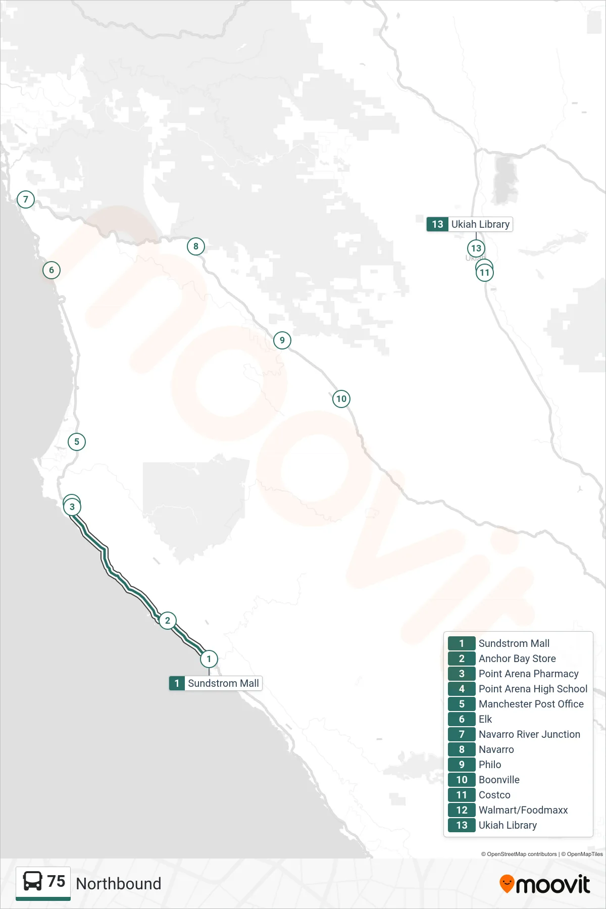 75 bus Line (Northbound) route and stops on a map
