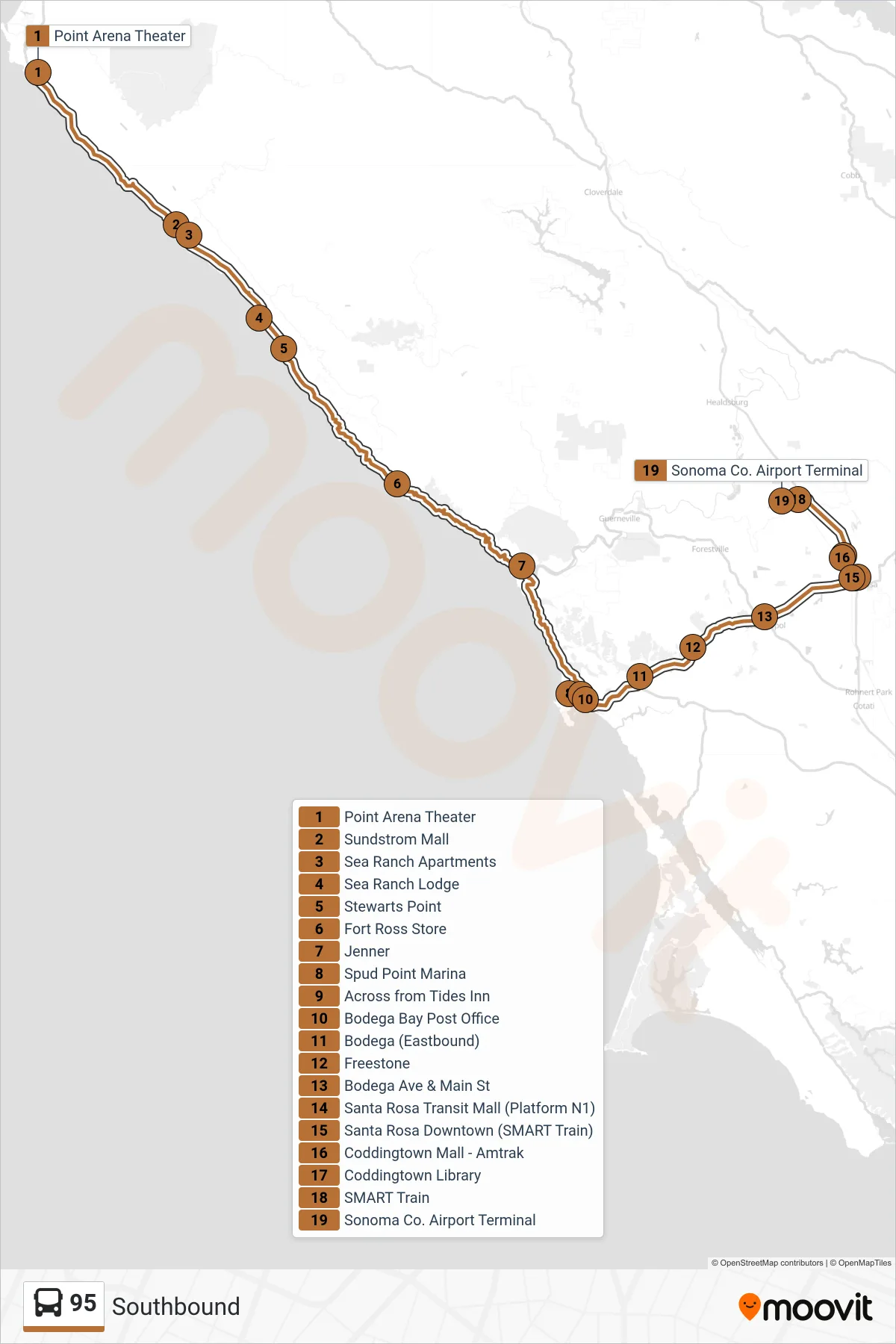 95 bus Line (Southbound) route and stops on a map