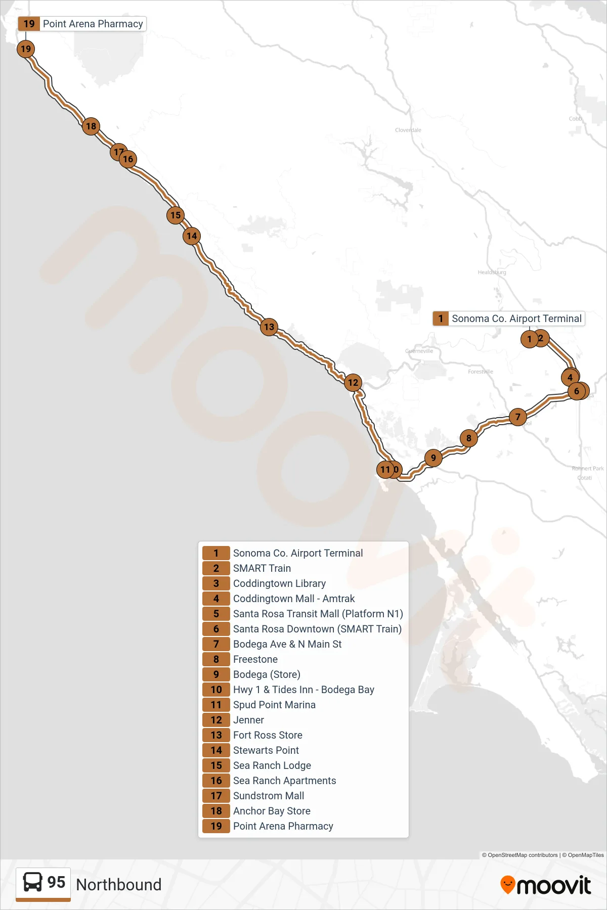 95 bus Line (Northbound) route and stops on a map