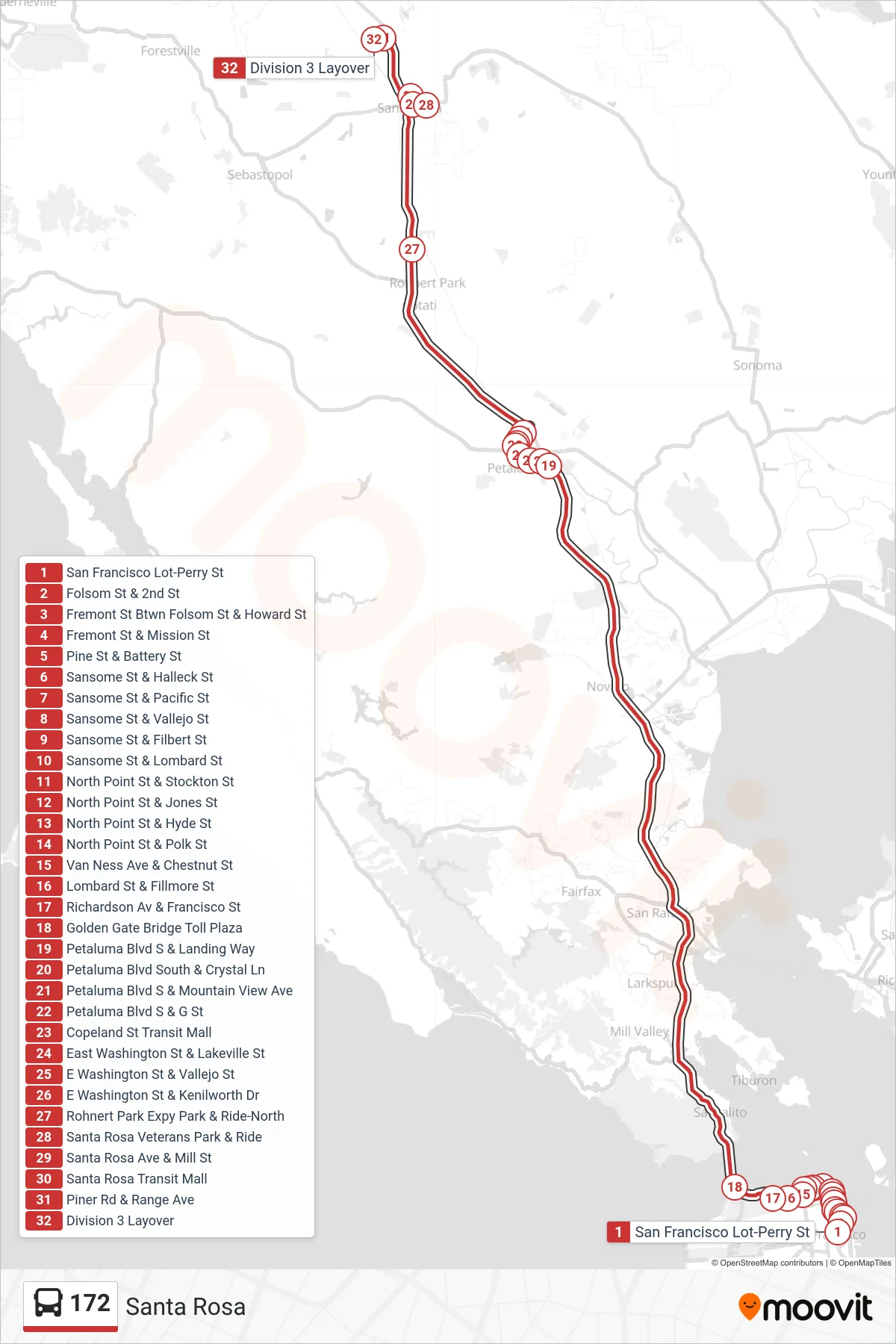 172 bus Line (Santa Rosa) route and stops on a map