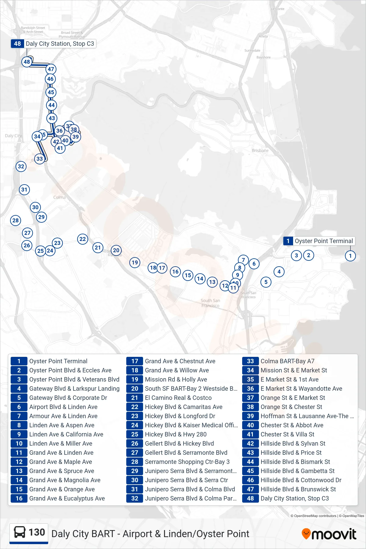 130 bus Line (Daly City BART) route and stops on a map