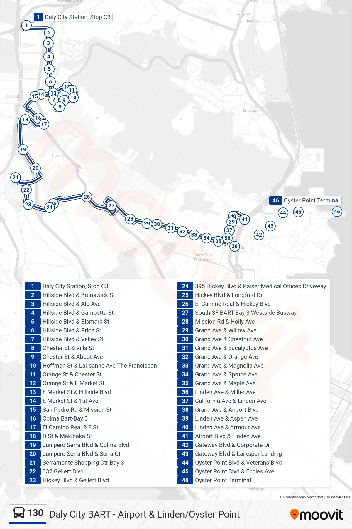 130 bus Line (South San Francisco) route and stops on a map