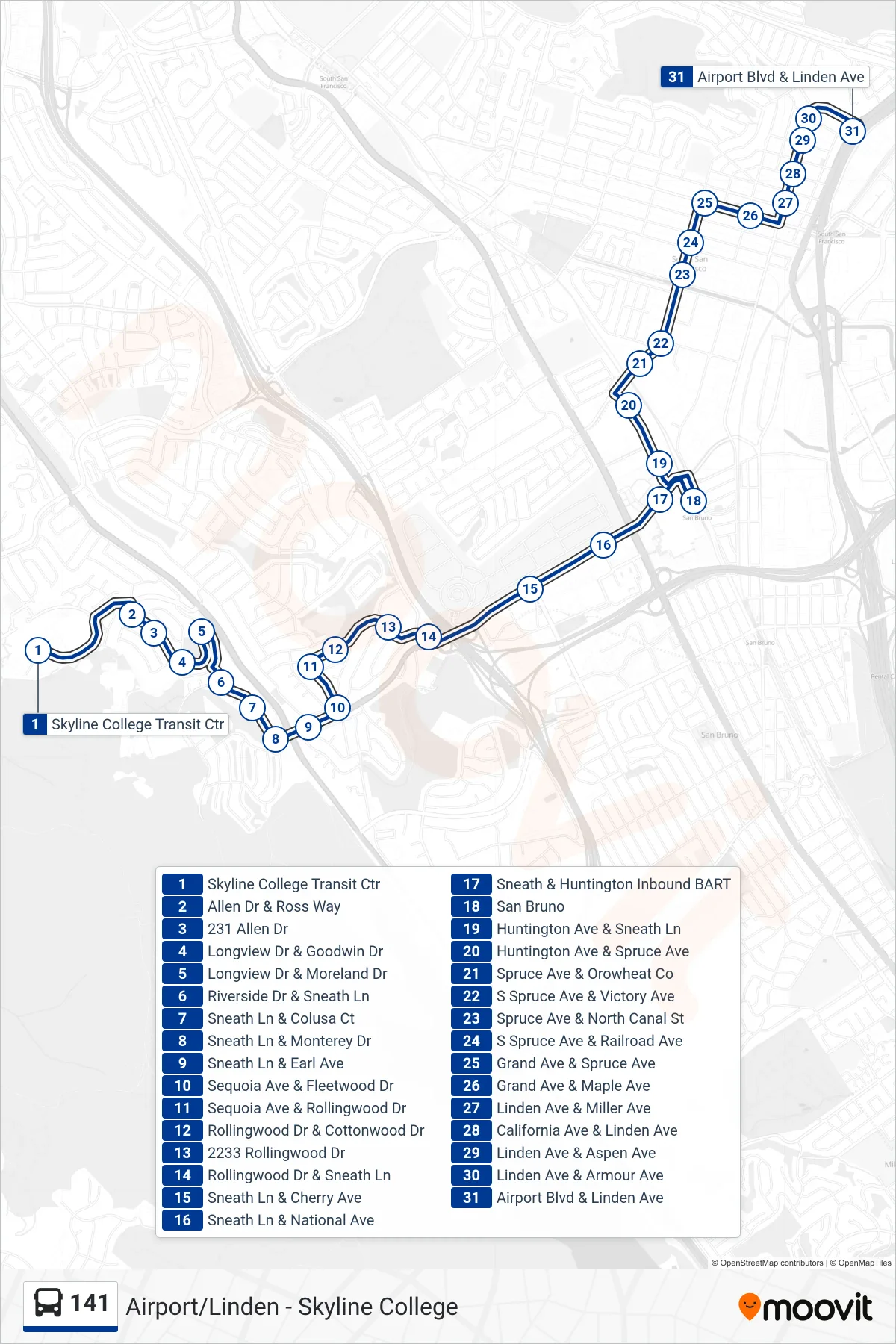 141 bus Line (South San Francisco) route and stops on a map