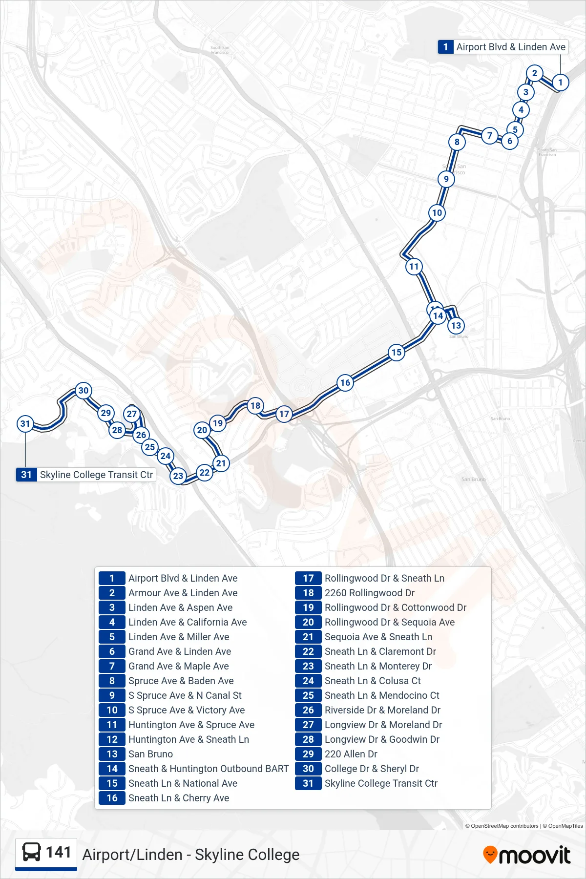 141 bus Line (Skyline College) route and stops on a map